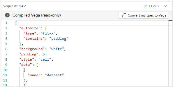 The Compiled Vega Pane is a read-only editor that shows the generated Vega output from your Vega-Lite specification. The Compiled Vega Pane is a read-only editor that shows the generated Vega output from your Vega-Lite specification.