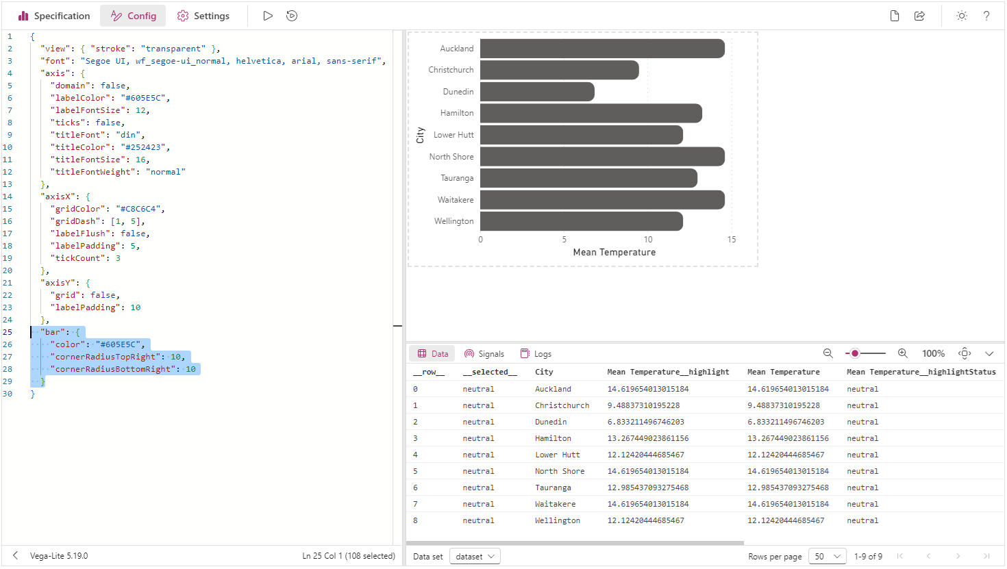After applying changes to the config, the bar each bar has rounded corners and a different fill color.