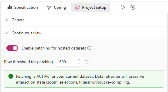 The Continuous view section of the Project setup pane, showing the Enable patching for hosted datasets and Row threshold for patching options.