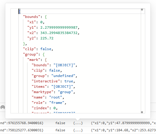 A complex value in a table cell, truncated inline and opened in the value inspector. A complex value in a table cell, truncated inline and opened in the value inspector.