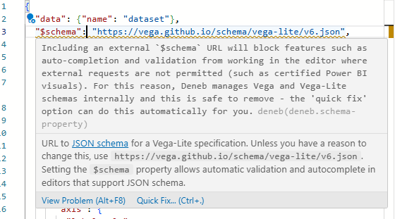 A warning message shown inline in the Specification editor for a root-level $schema property, with the Quick Fix action available to remove it. schema_warning_message.png